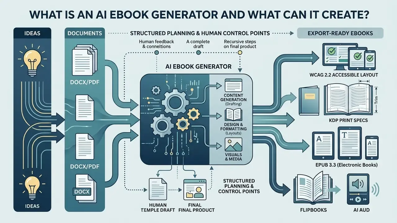Flowchart showing an AI ebook generator processing ideas and documents into various export formats