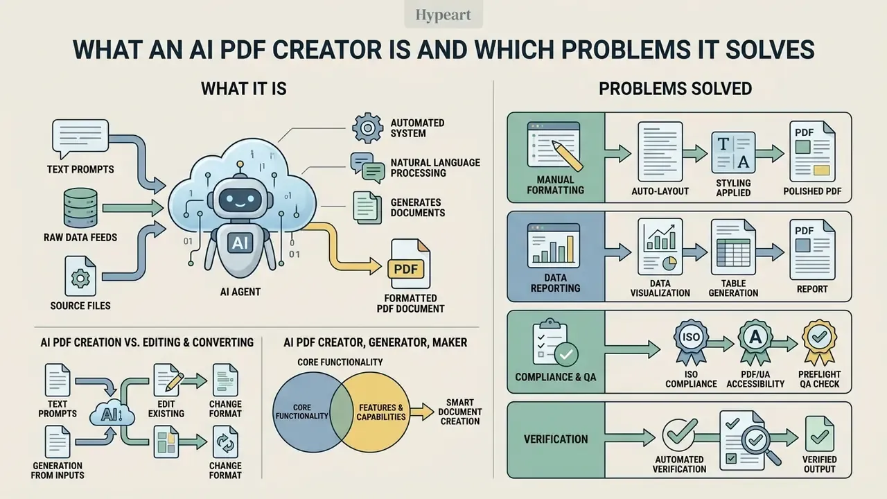 Diagram detailing how an AI PDF creator processes various inputs to generate documents and solve tasks