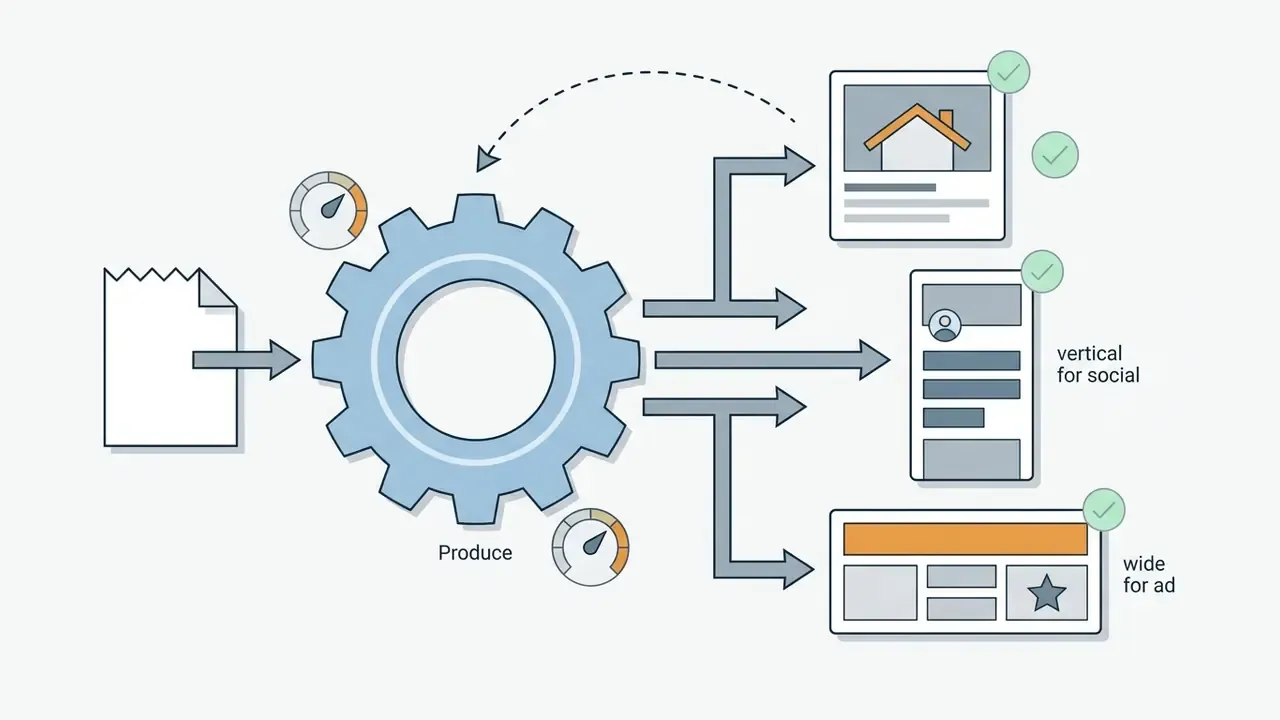 Central gear processing input data into multiple image formats for listings, social media, and ads