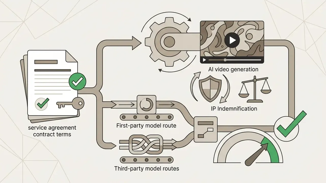 Contract terms and keys flowing through model routes toward IP indemnification and video generation