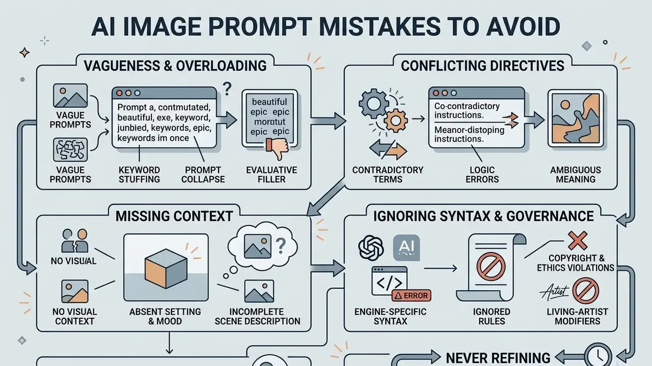 Four boxes detailing common AI image prompt mistakes like keyword stuffing, conflicting directives, and missing context
