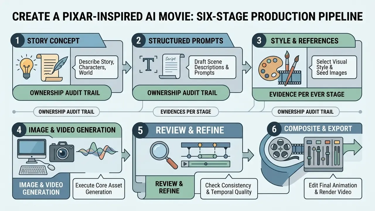 Six-stage production pipeline diagram detailing the process of creating an animated short with AI tools