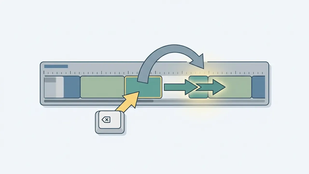 Keyboard key triggering a ripple delete to remove a timeline clip and close the gap when you edit videos
