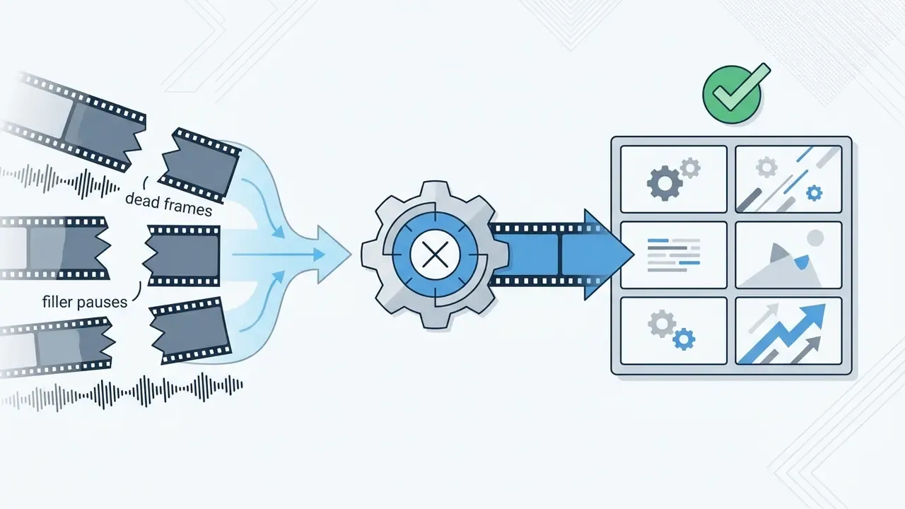 Film strips and audio waves flowing into a gear mechanism that processes clips into a six-panel grid
