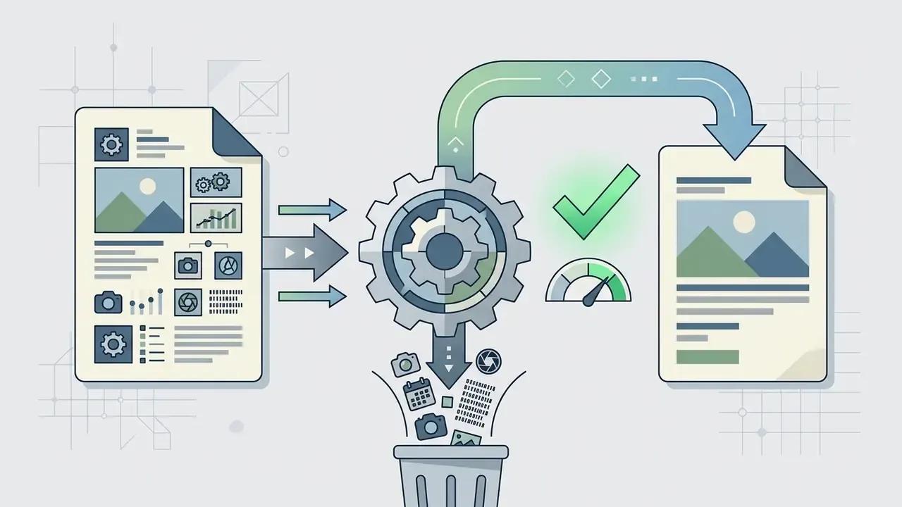 Document with metadata entering a gear to discard extra data while the optimized file exits to the right