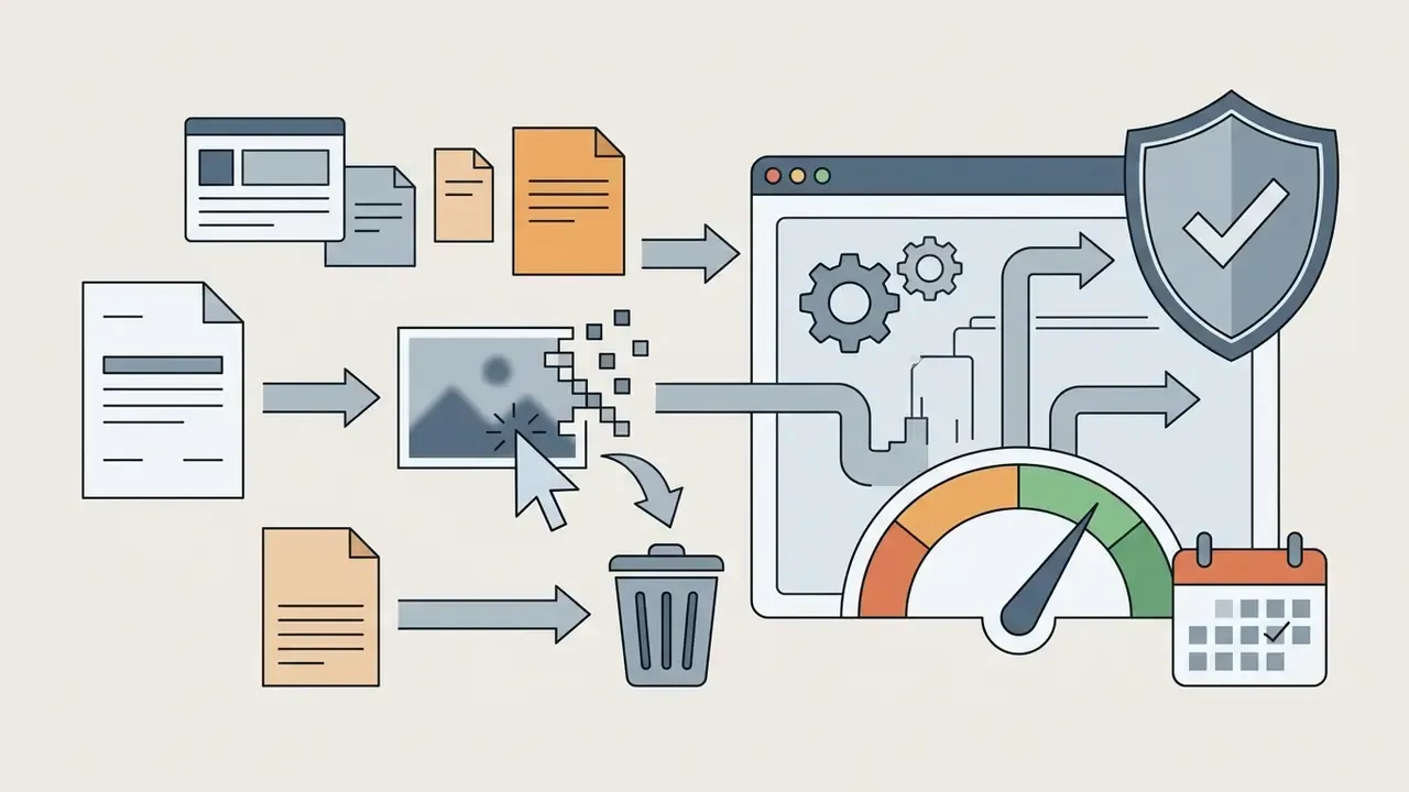 Documents and images being processed into a digital system with a shield icon and a calendar