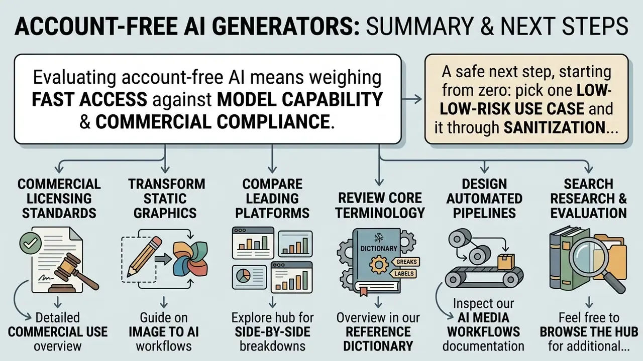 Flowchart outlining evaluation criteria and recommended next steps for using AI image generation tools