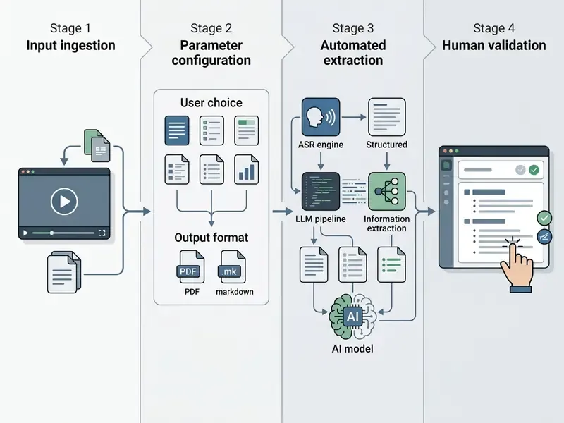 Four-step diagram showing video input processing, format selection, AI extraction, and manual review