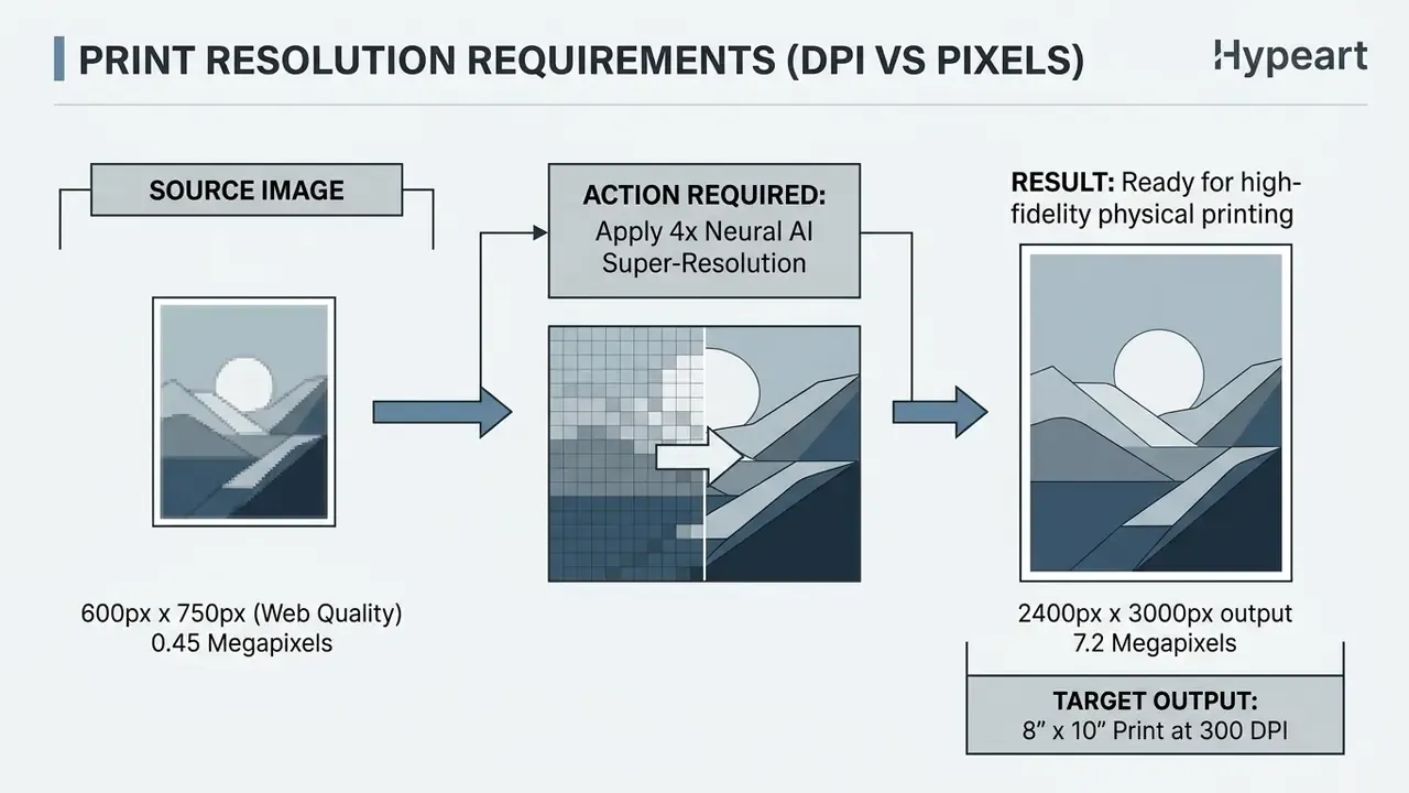 Process showing a low resolution web image being upscaled to high resolution for physical printing