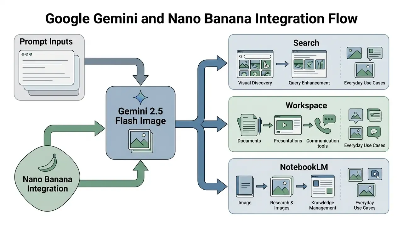 Flowchart showing prompt and Nano Banana inputs processed by Gemini 2.5 Flash for Search, Workspace, and NotebookLM