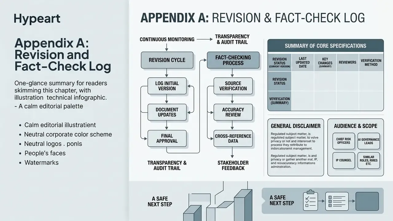 Process map detailing revision cycles, fact-checking steps, and a table for core specification tracking