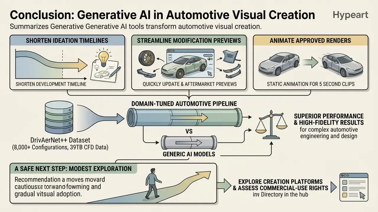 Summary of generative tools for automotive design showing development pipelines and cautious adoption steps