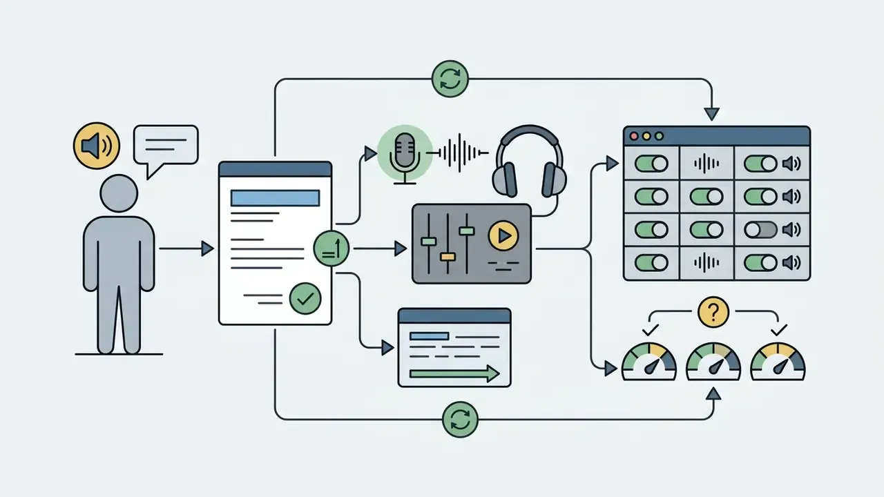 User input flowing into a text processor that feeds audio mixing tools and settings for voice synthesis