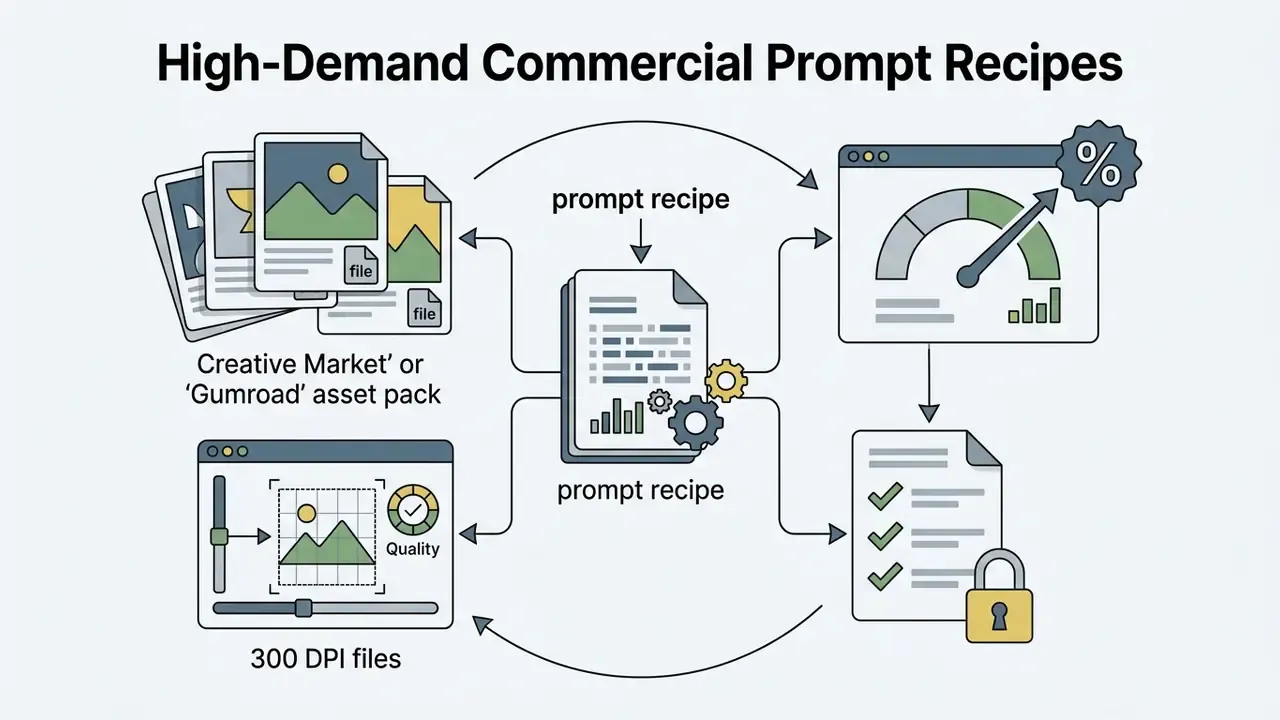 Central document icon connected to file packs, quality settings, sales metrics, and a checklist with a lock