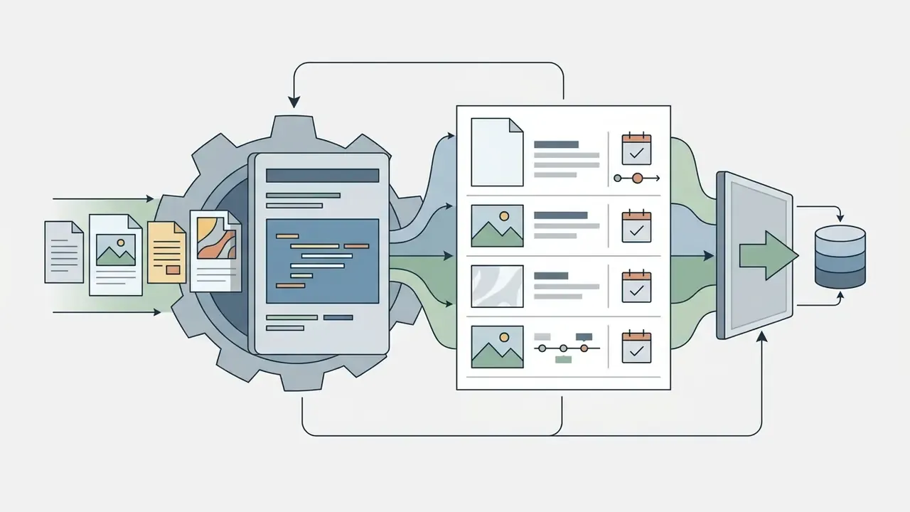 Files feeding into a gear processor that outputs a list of visuals with dates to a database storage icon