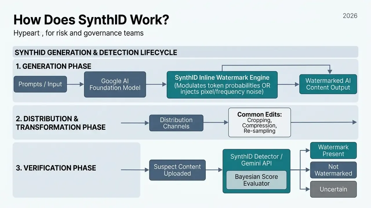 Flowchart outlining the generation, distribution, and verification phases of the SynthID lifecycle