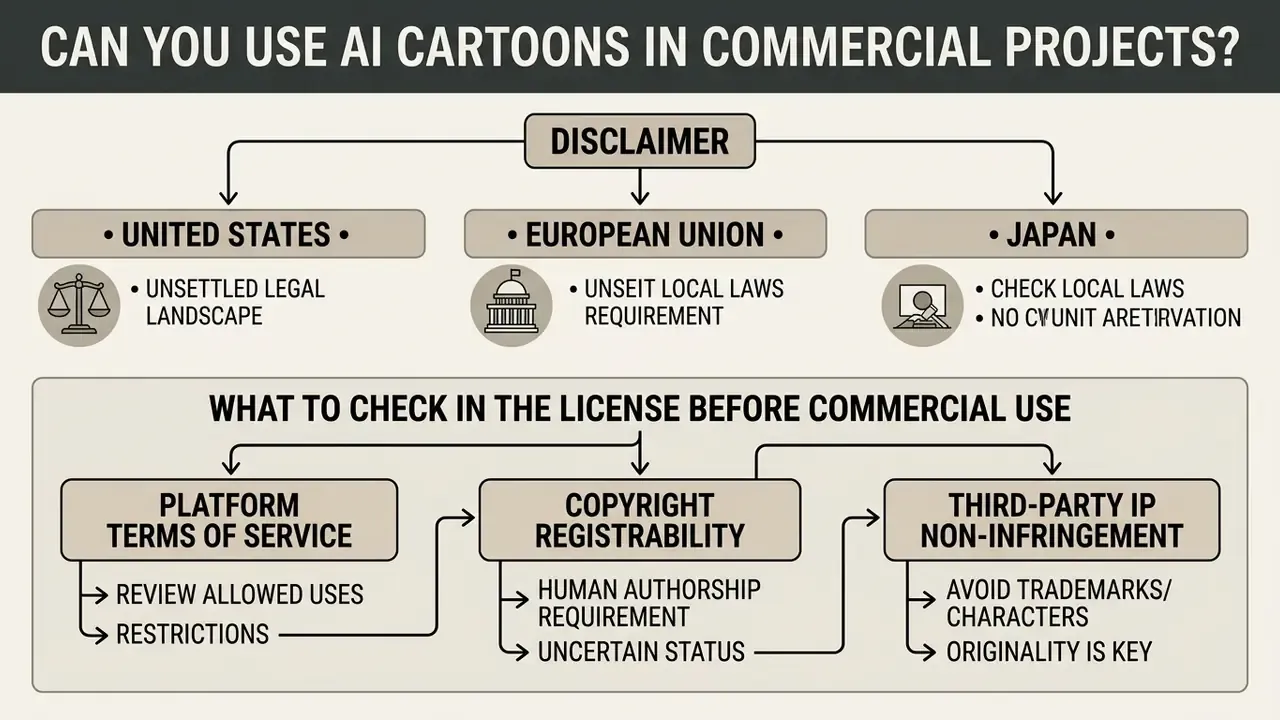 Flowchart outlining legal considerations and license requirements for commercial use of generated art
