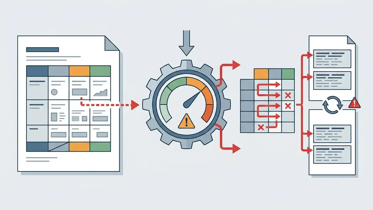 Table data flowing through a gear-driven gauge to highlight misalignment and extraction errors