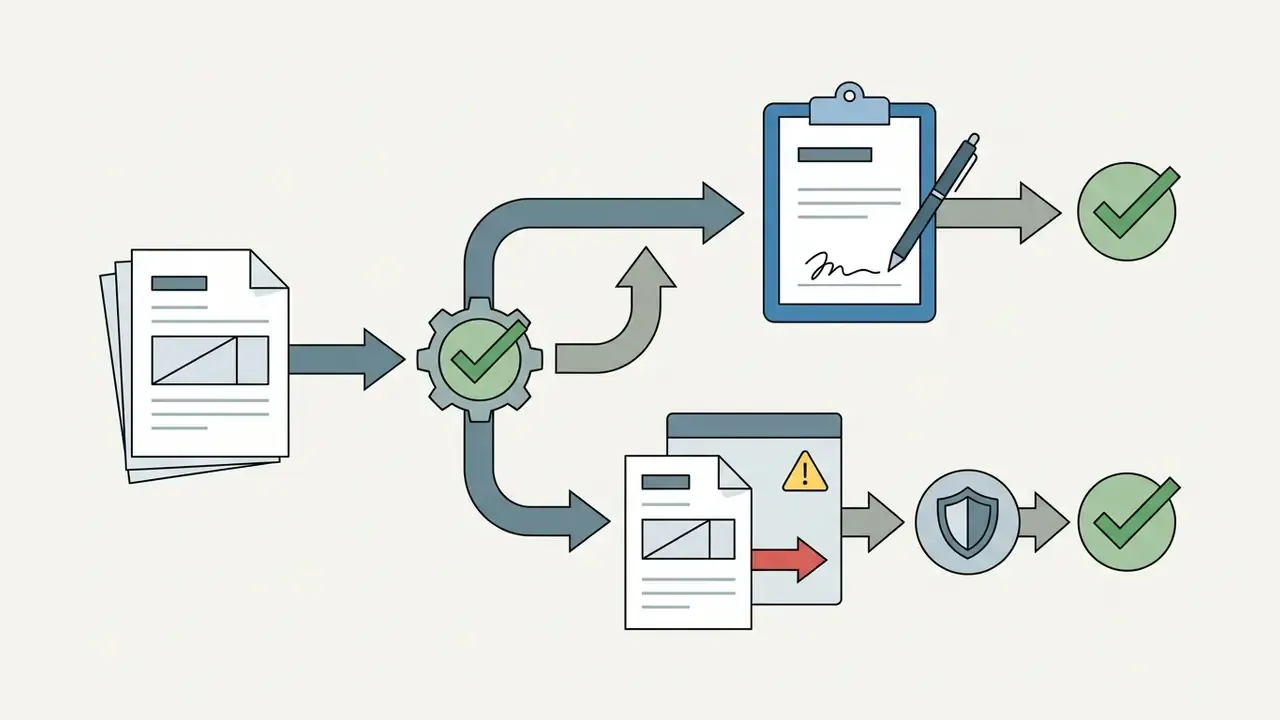 Documents flowing through a gear into approval and security review paths with final checkmark icons