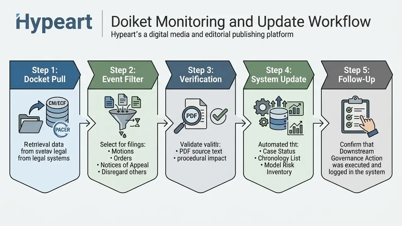 Five sequential steps for processing legal documents from docket retrieval through system updates