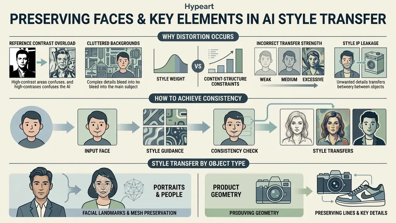 Infographic showing technical methods to maintain facial structure and object geometry during style transfer