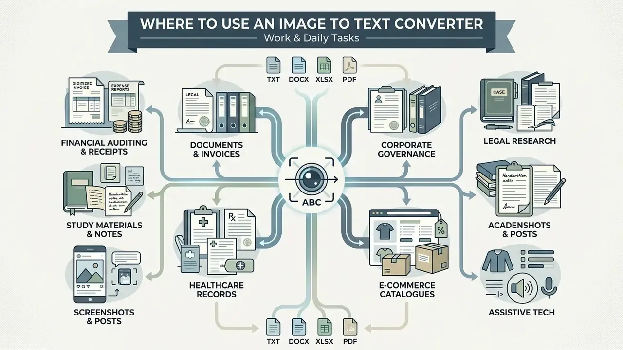 Centralized hub diagram connecting various professional and personal tasks to digital file formats