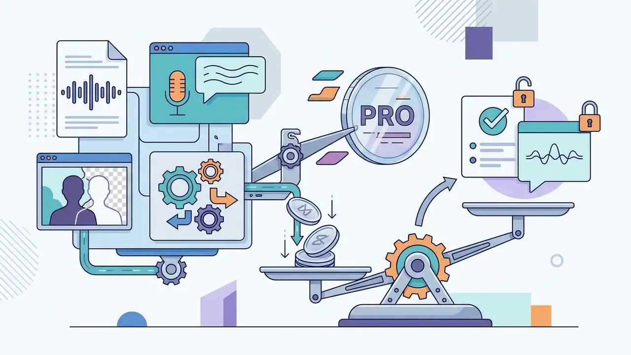 Mechanical arm dropping coins onto a scale to unlock premium AI video editing features and tools