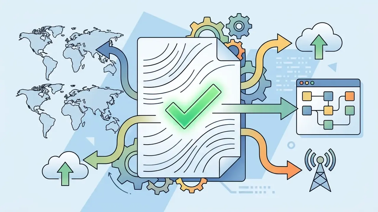 Document with a green checkmark surrounded by gears and arrows flowing toward global maps and digital networks