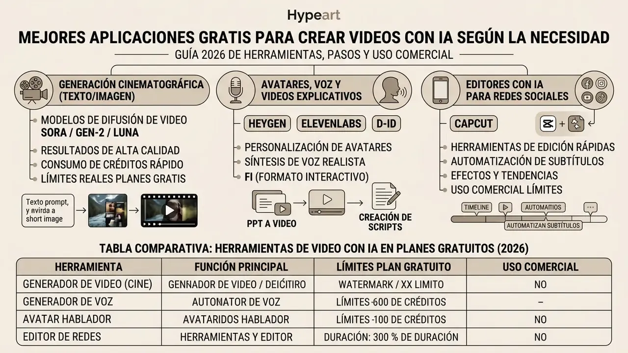 Comparative infographic categorizing AI video tools by function and detailing free plan limitations