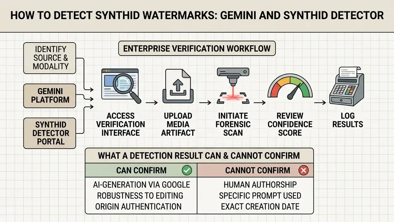 Step by step workflow for verifying content using the SynthID detection process from upload to logging