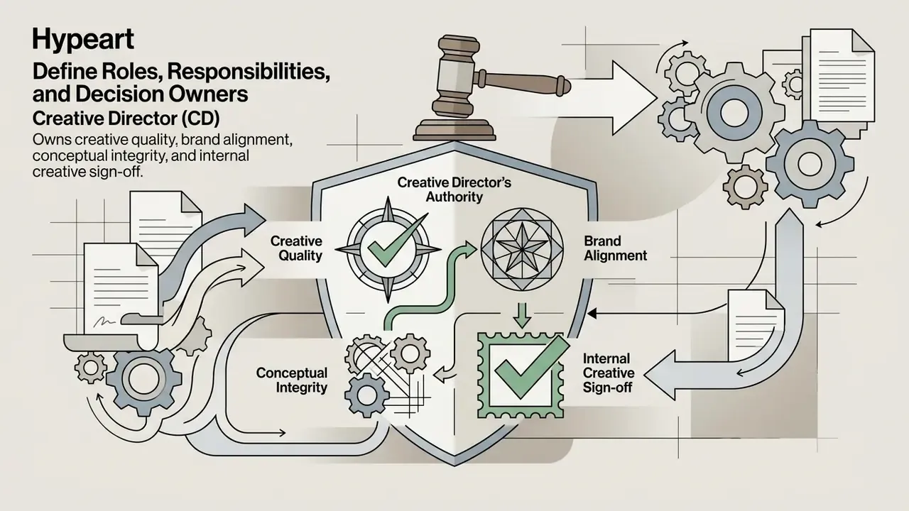 Shield icon representing creative authority with gears, a gavel, and checkmarks for quality and sign-off