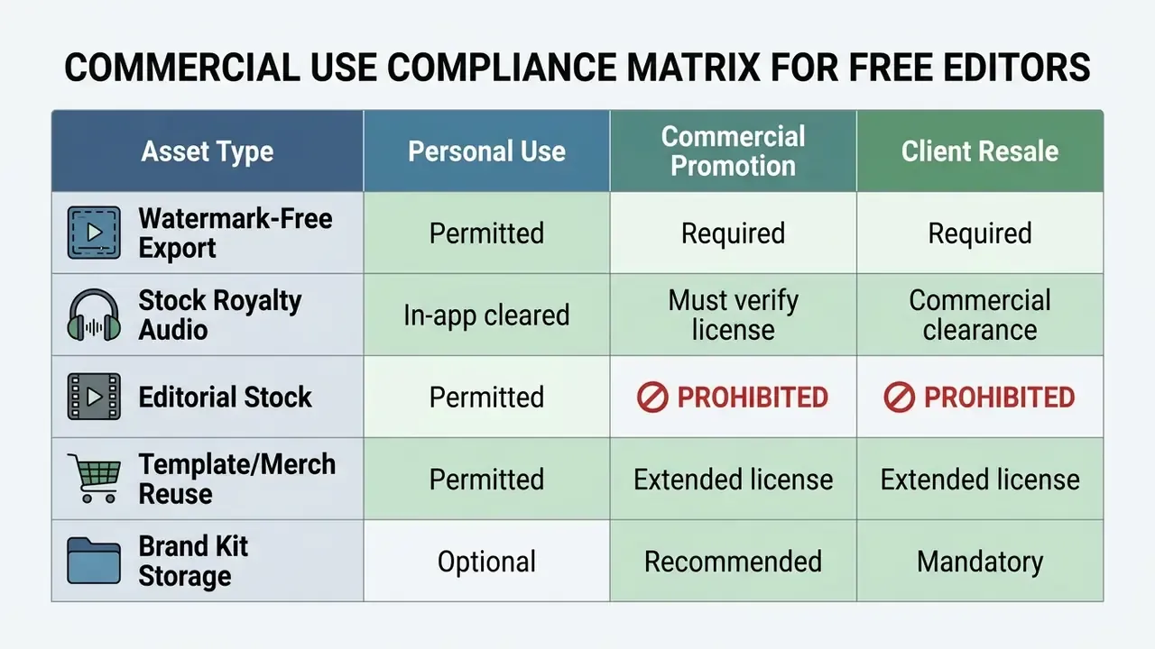 Table showing compliance requirements for commercial use of assets in a free video editing app