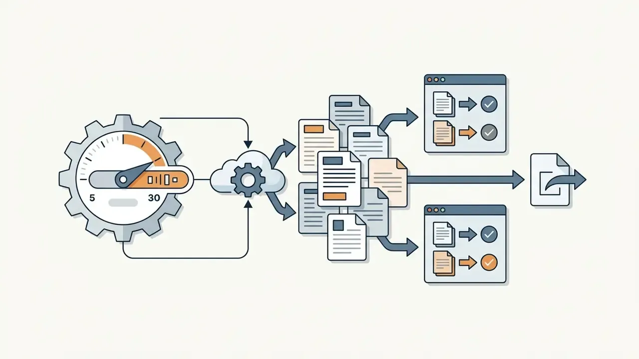 Diagram showing a gauge setting output volume from a cloud engine into multiple documents for export