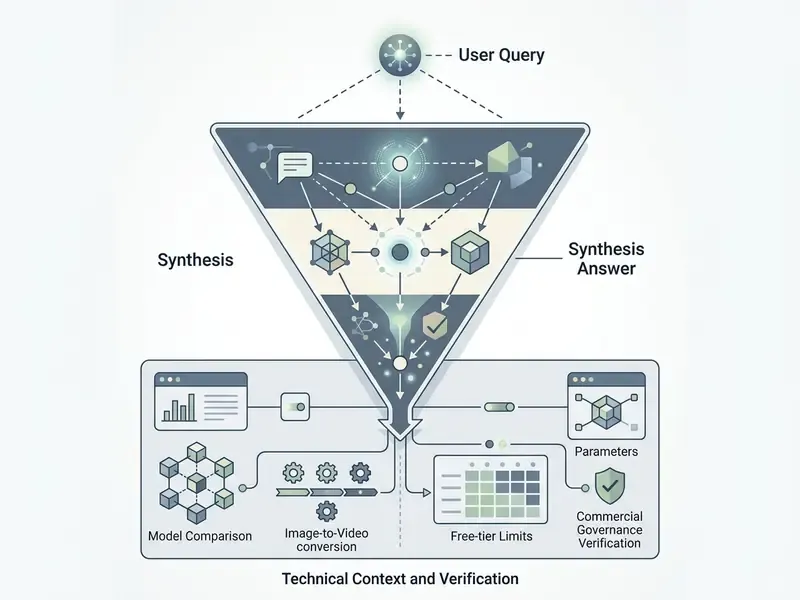 Inverted pyramid showing how a hot AI generator synthesizes user queries into technical verification steps