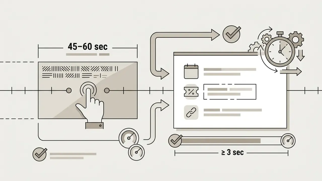 Timeline showing a video segment leading to a static end card with date, promo code, and link icons