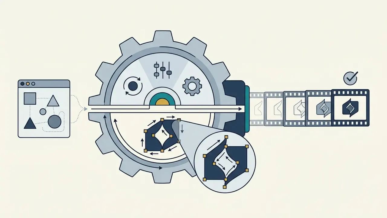 Vector shapes entering a gear mechanism to be mapped into a sequence of animated film frames
