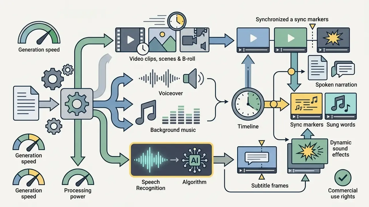 System diagram showing inputs processed into synchronized video, audio, music, and auto-generated captions