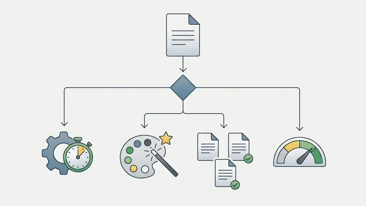 Decision path showing how a best AI PowerPoint generator evaluates document processing and design speed