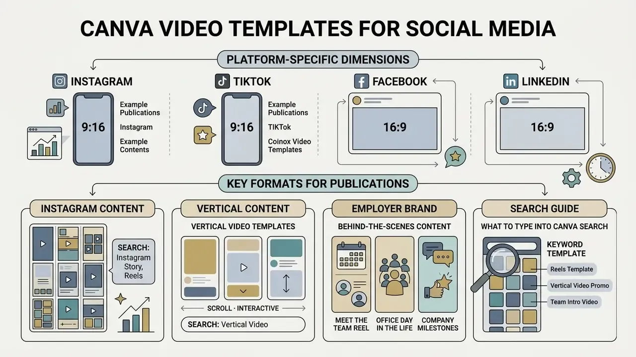 Diagram detailing platform-specific aspect ratios and search categories for social media video content