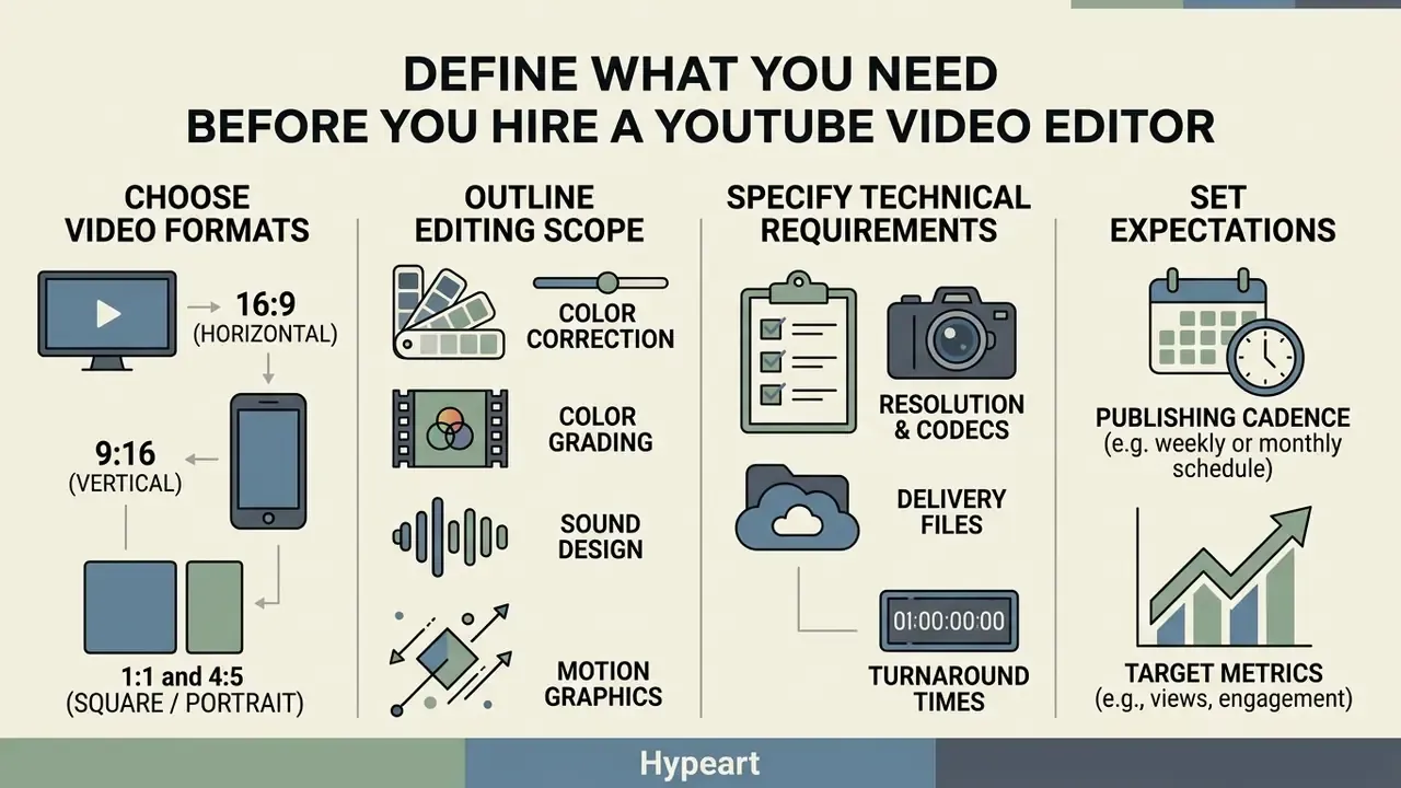 Infographic outlining steps to hire a YouTube video editor including formats, scope, and requirements