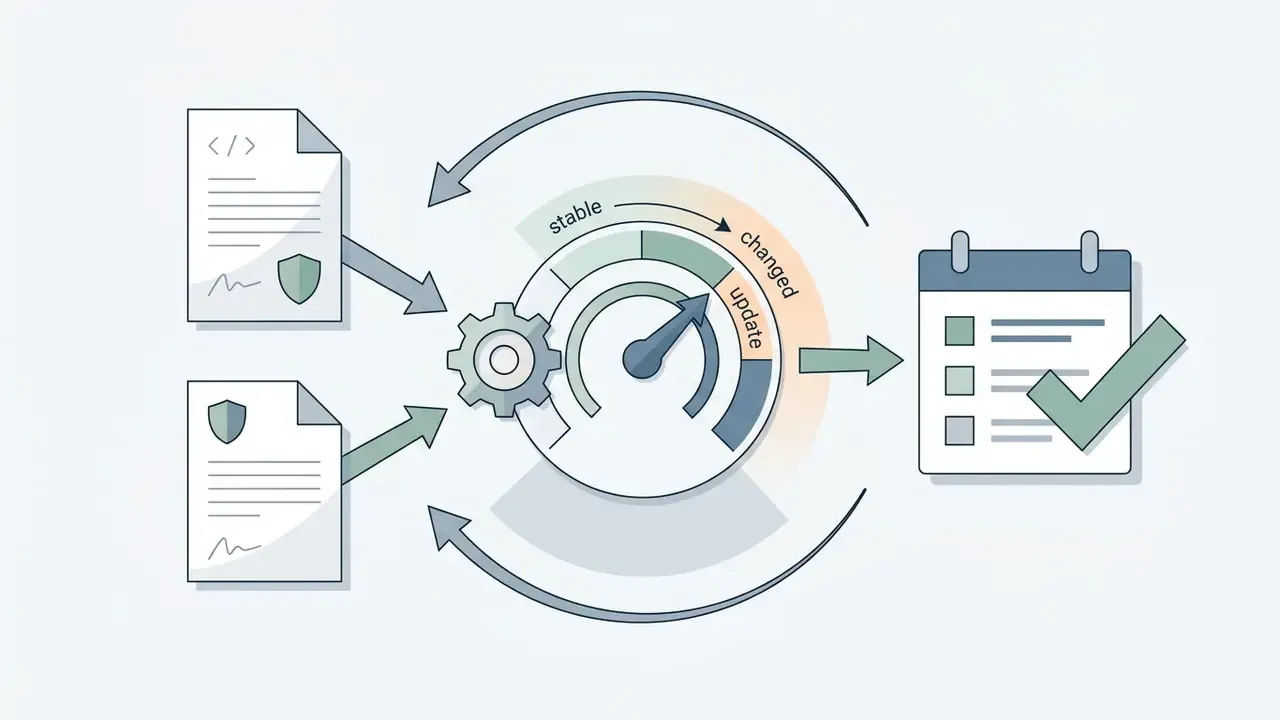 Documents feeding into a gauge mechanism that triggers a calendar review and approval process