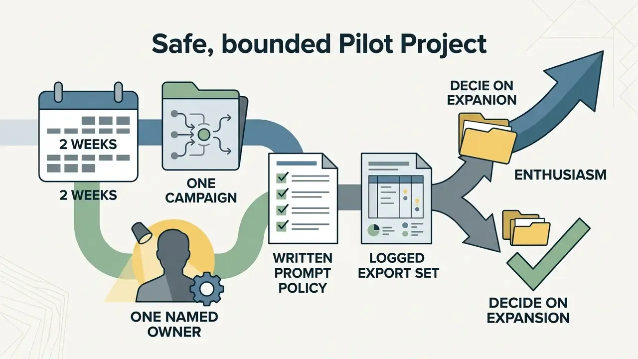 Sequential workflow showing a two-week pilot project with a named owner, prompt policy, and export logs