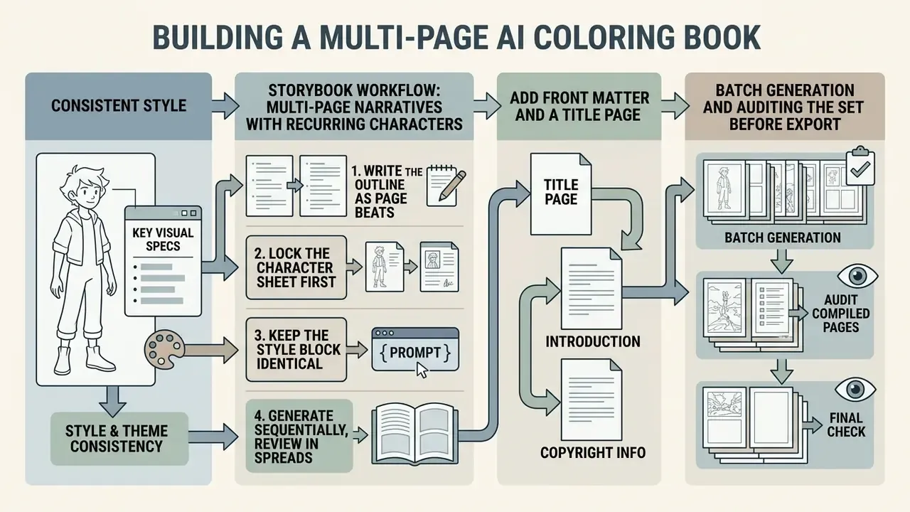 Flowchart outlining steps to create a storybook with recurring characters and consistent visual themes