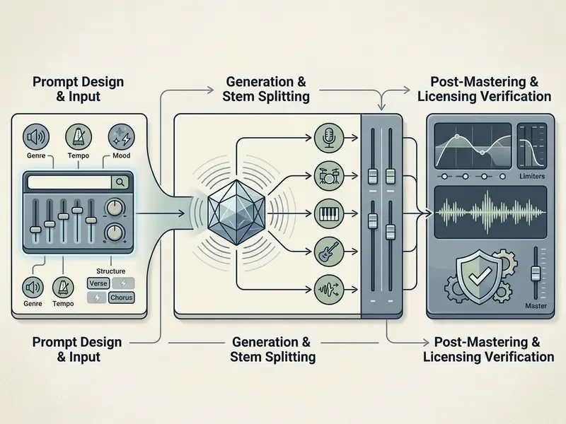 Flowchart showing the process from prompt input to stem generation and final audio mastering