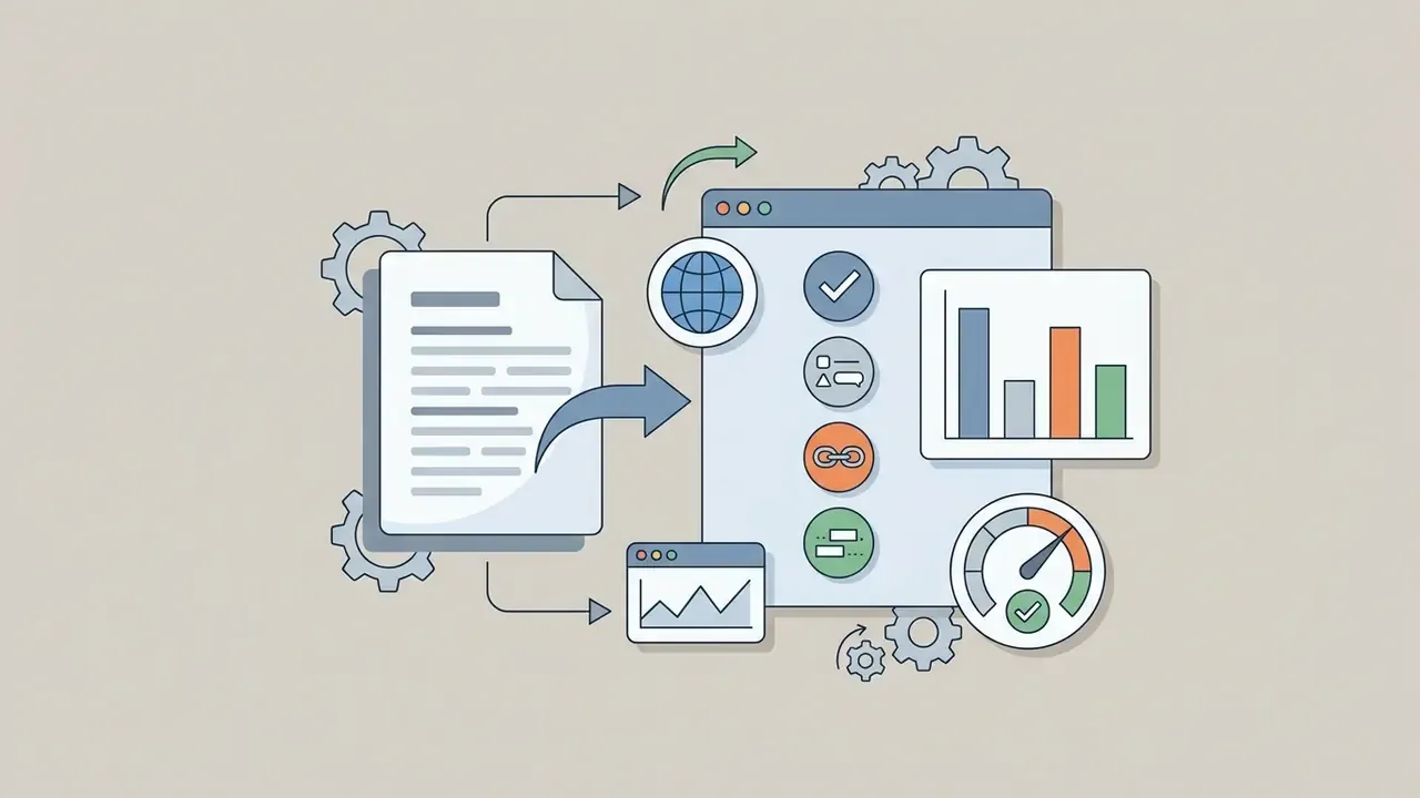 Document icon connecting to a software interface with selection circles and a bar chart display