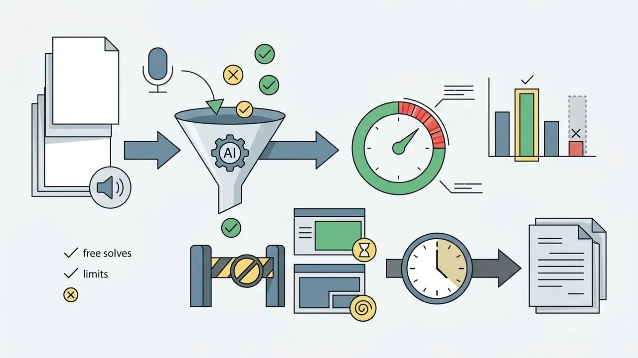 Documents and audio inputs funneling into an AI processor that outputs performance metrics and timed results