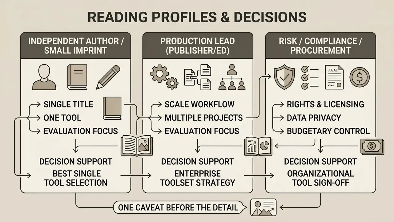 Infographic showing three decision profiles for choosing an AI book illustration generator tool