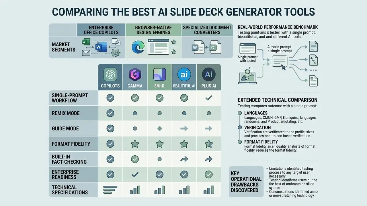 Table evaluating features and performance benchmarks of various presentation software tools