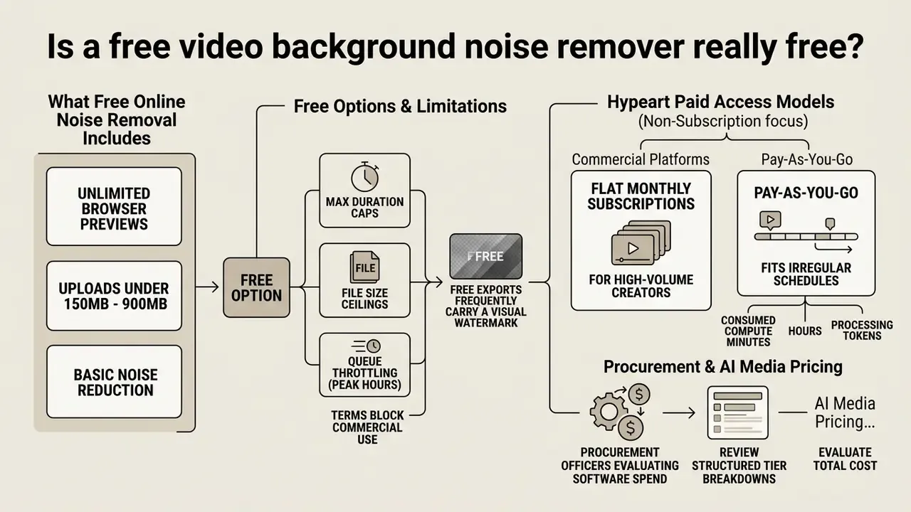 Comparison chart detailing free noise removal features alongside paid subscription and pay-as-you-go models