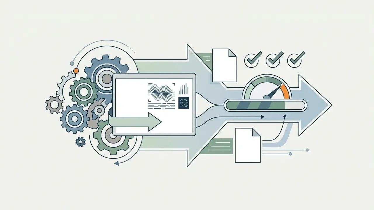 Interlocking gears driving a digital screen that processes data into documents and a speed gauge